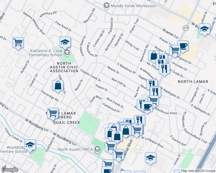 map of restaurants, bars, coffee shops, grocery stores, and more near 1013 Cripple Creek Drive in Austin