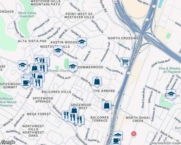 map of restaurants, bars, coffee shops, grocery stores, and more near 8316 Summerwood Drive in Austin