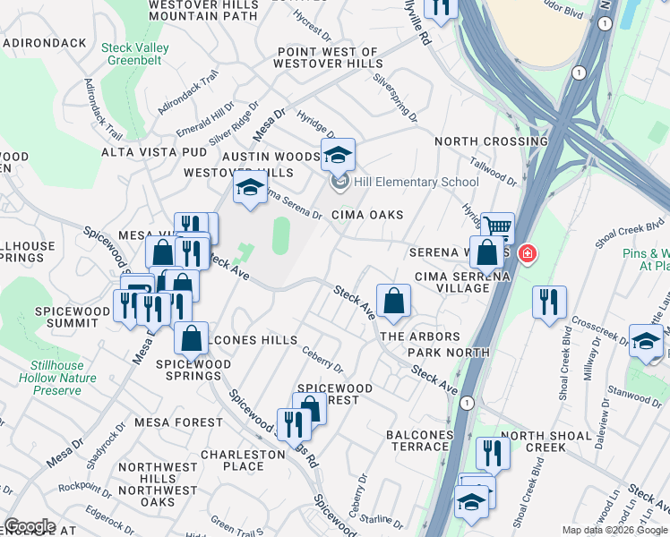 map of restaurants, bars, coffee shops, grocery stores, and more near 8211 Greenslope Drive in Austin