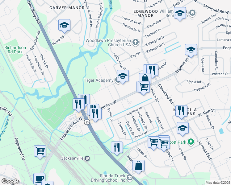 map of restaurants, bars, coffee shops, grocery stores, and more near 6026 Bagley Road in Jacksonville