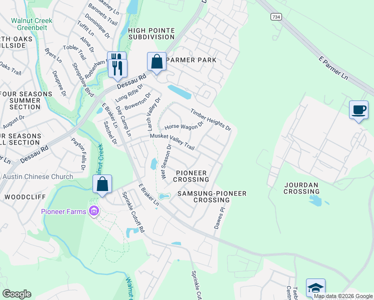 map of restaurants, bars, coffee shops, grocery stores, and more near 1920 Dry Season Trail in Austin