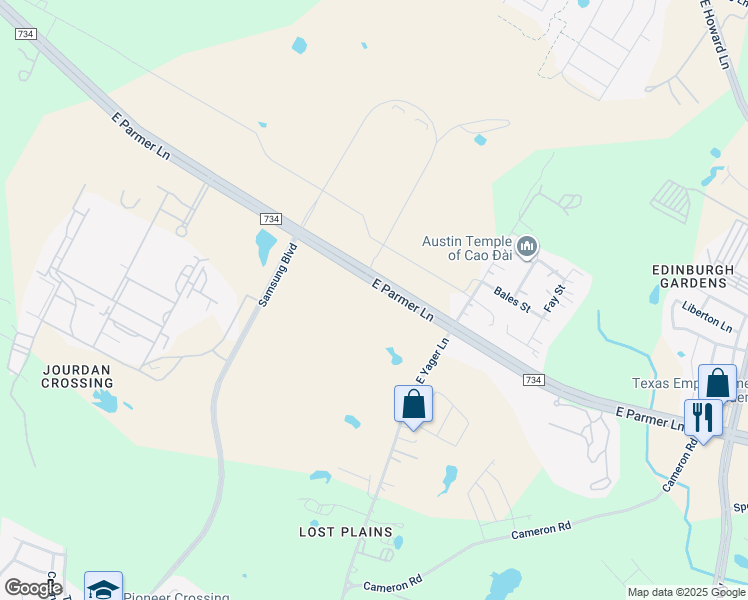 map of restaurants, bars, coffee shops, grocery stores, and more near 3901 East Parmer Lane in Austin