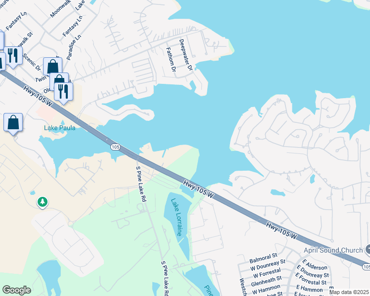 map of restaurants, bars, coffee shops, grocery stores, and more near 17570 Texas 105 in Montgomery