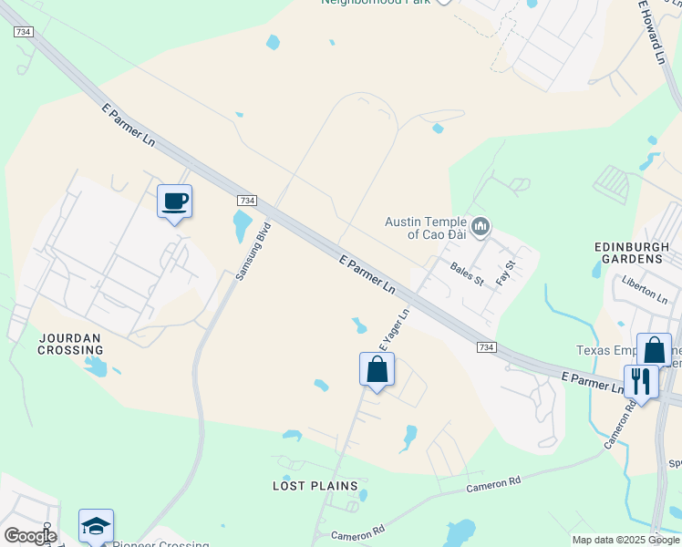 map of restaurants, bars, coffee shops, grocery stores, and more near Farm to Market 734 in Austin