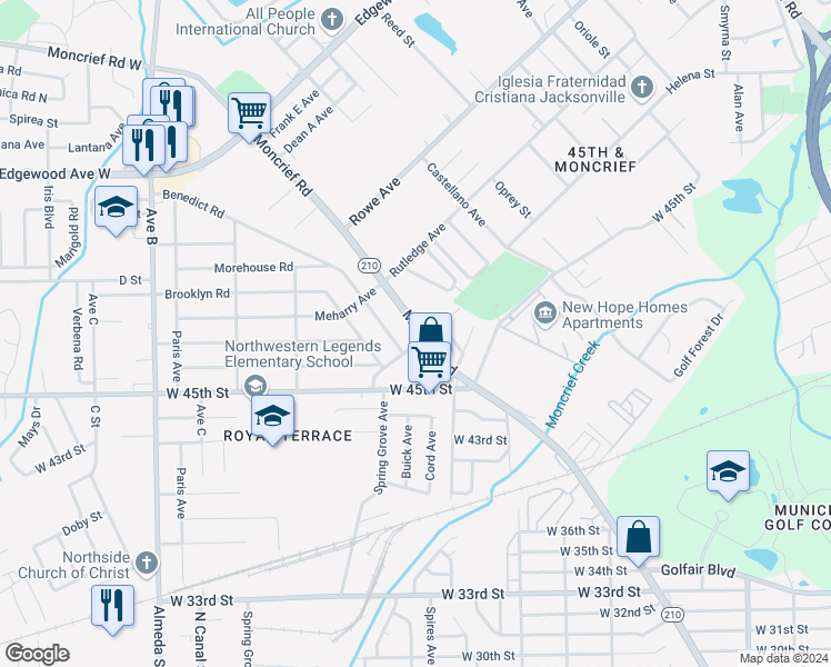 map of restaurants, bars, coffee shops, grocery stores, and more near 5606 Moncrief Road in Jacksonville