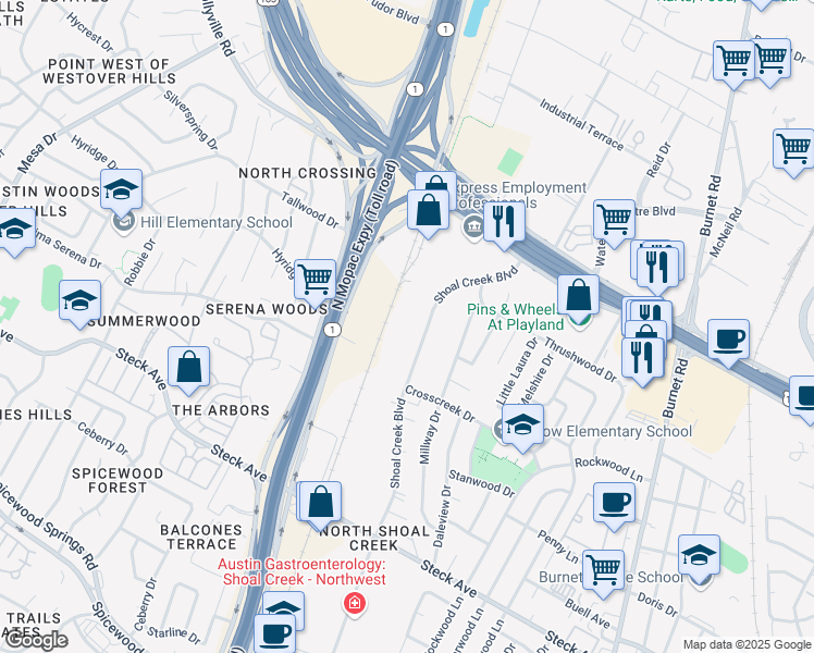 map of restaurants, bars, coffee shops, grocery stores, and more near 8700 Shoal Creek Boulevard in Austin