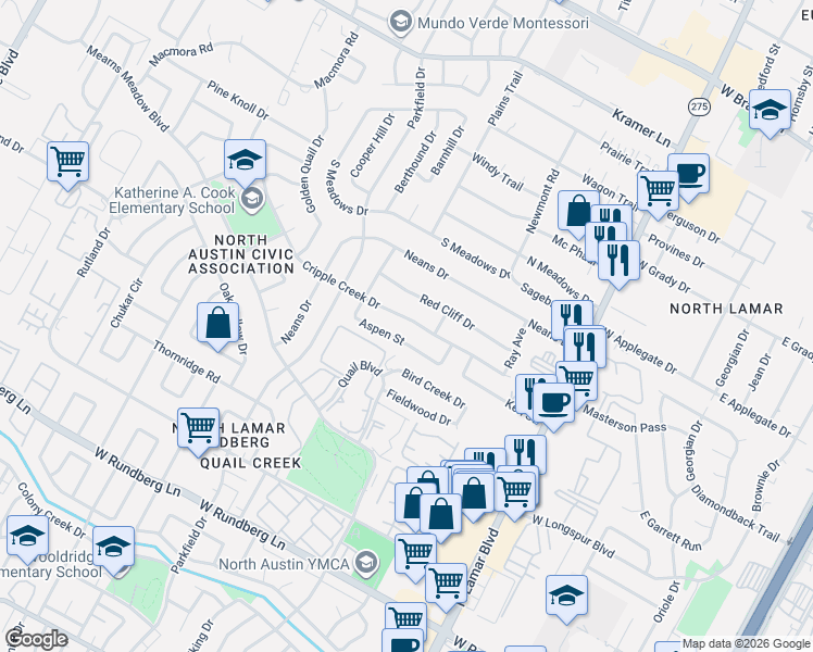 map of restaurants, bars, coffee shops, grocery stores, and more near 1013 Cripple Creek Drive in Austin