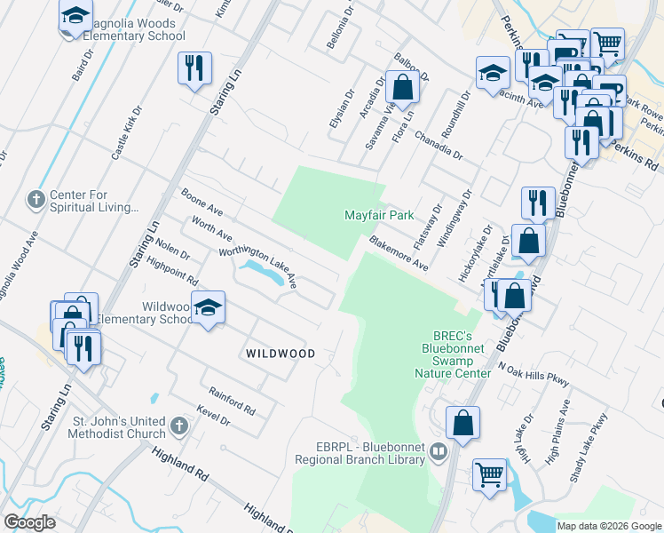 map of restaurants, bars, coffee shops, grocery stores, and more near 9451 Boone Avenue in Baton Rouge