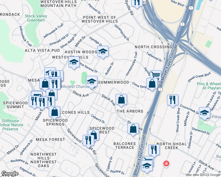 map of restaurants, bars, coffee shops, grocery stores, and more near 8316 Summerwood Drive in Austin