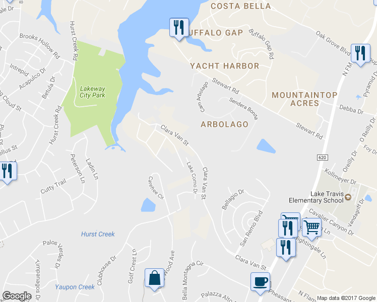 map of restaurants, bars, coffee shops, grocery stores, and more near 17001 Clara Van Street in Austin