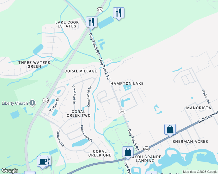 map of restaurants, bars, coffee shops, grocery stores, and more near 2145 Dog Track Road in Pensacola