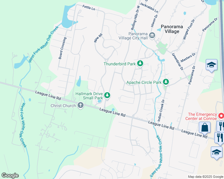map of restaurants, bars, coffee shops, grocery stores, and more near 80 Hallmark Drive in Conroe
