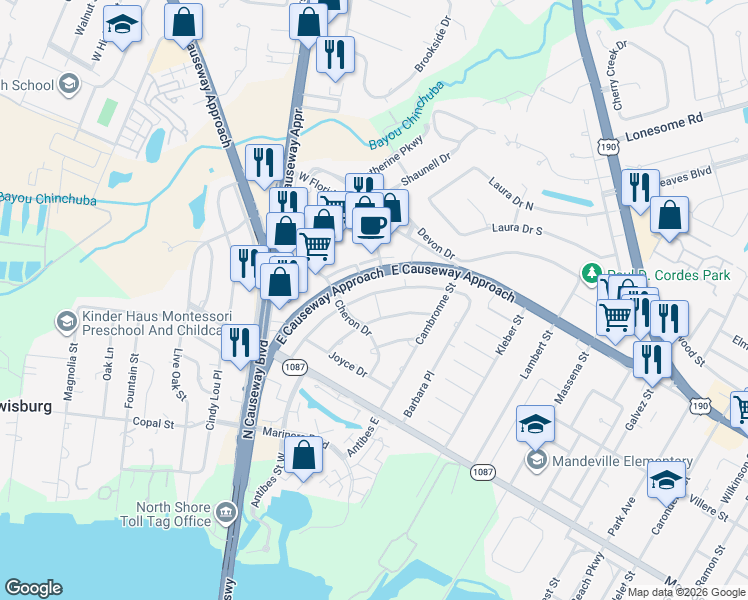 map of restaurants, bars, coffee shops, grocery stores, and more near 637 Marilyn Drive in Mandeville