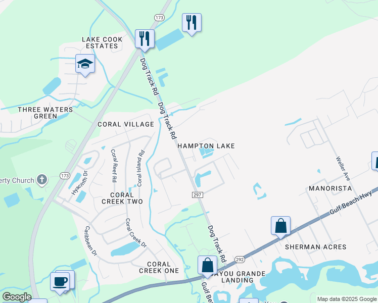 map of restaurants, bars, coffee shops, grocery stores, and more near 9712 Cobblebrook Drive in Pensacola