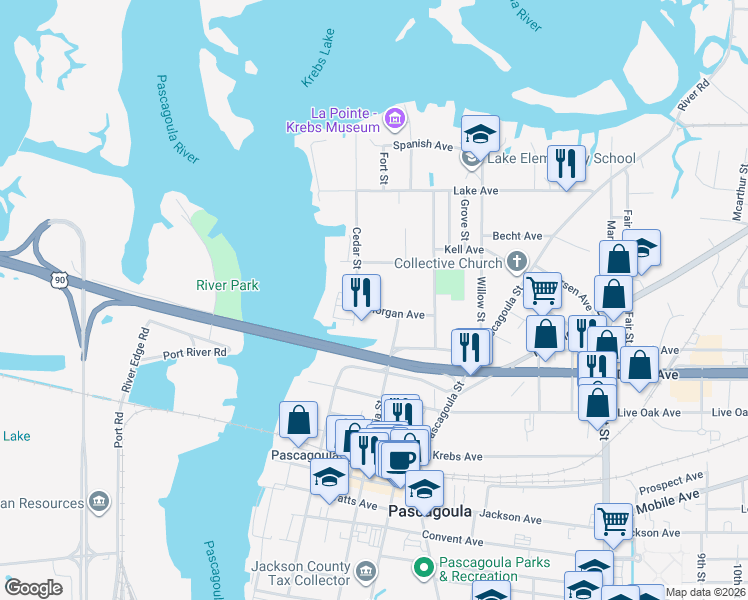 map of restaurants, bars, coffee shops, grocery stores, and more near 511 Morgan Avenue in Pascagoula