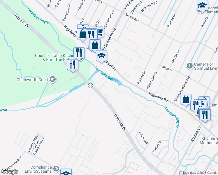 map of restaurants, bars, coffee shops, grocery stores, and more near 7844 Seville Court in Baton Rouge