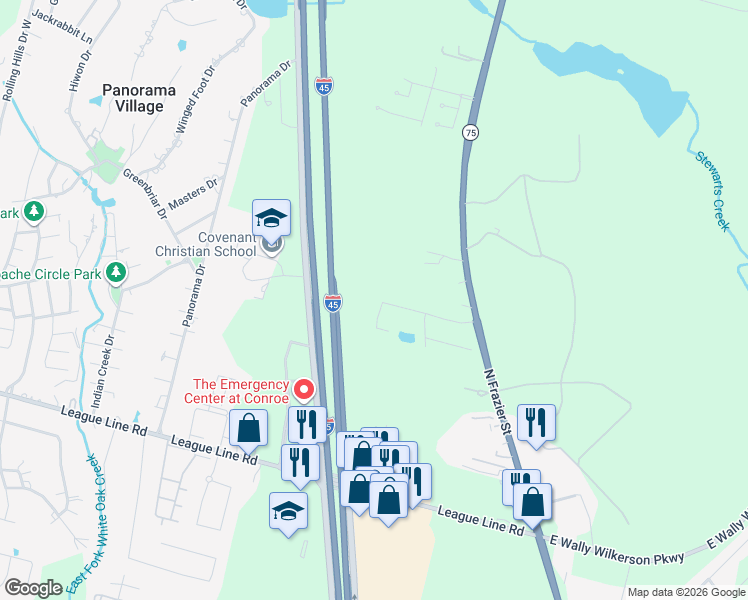 map of restaurants, bars, coffee shops, grocery stores, and more near 4521 Trophy Rack Drive in Conroe