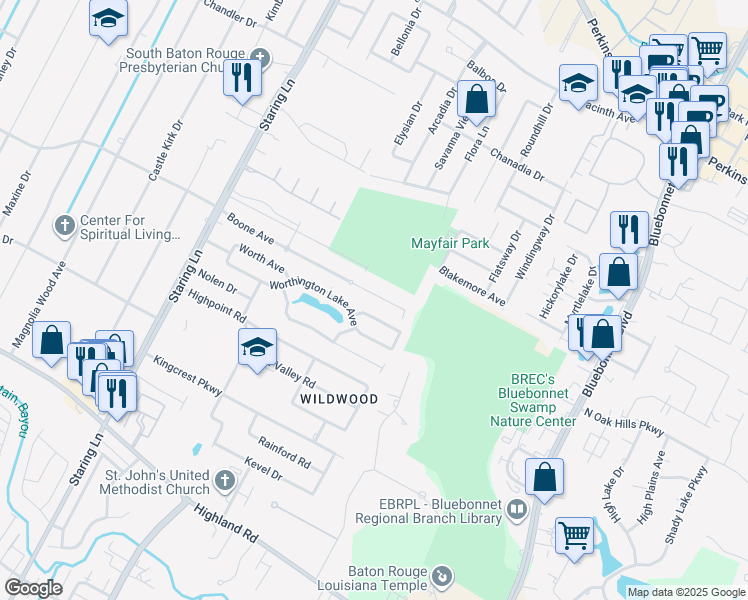 map of restaurants, bars, coffee shops, grocery stores, and more near 9370 Boone Avenue in Baton Rouge
