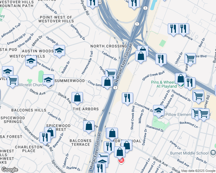 map of restaurants, bars, coffee shops, grocery stores, and more near 8610 North Mopac Expressway in Austin