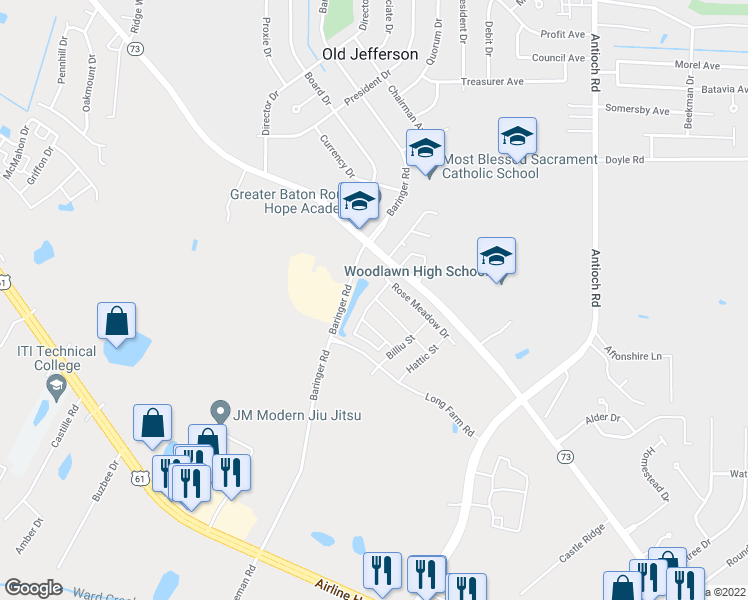 map of restaurants, bars, coffee shops, grocery stores, and more near 8420 Columbia Court in Baton Rouge