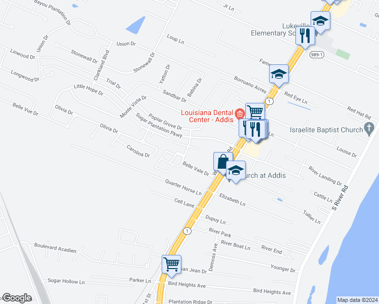 map of restaurants, bars, coffee shops, grocery stores, and more near 3827 New Prospect Lane in Addis