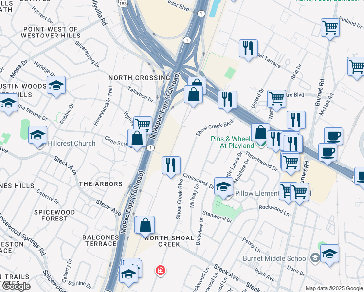 map of restaurants, bars, coffee shops, grocery stores, and more near 8700 Shoal Creek Boulevard in Austin