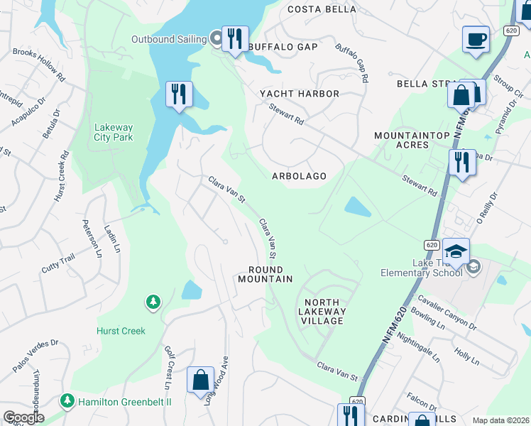 map of restaurants, bars, coffee shops, grocery stores, and more near 16126 Clara Van Street in Austin