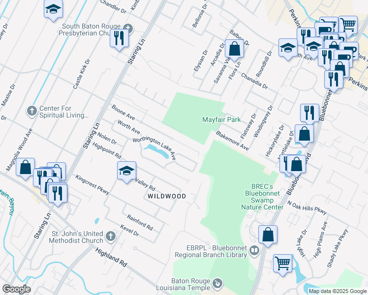 map of restaurants, bars, coffee shops, grocery stores, and more near 9370 Boone Avenue in Baton Rouge