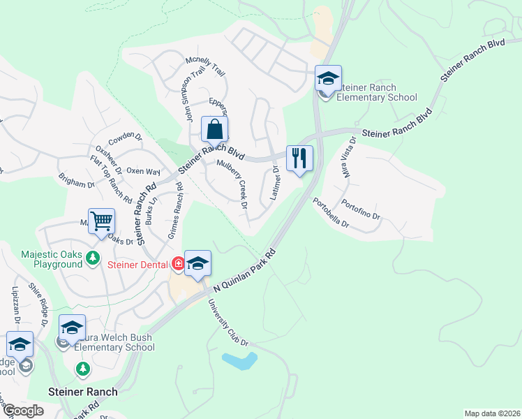 map of restaurants, bars, coffee shops, grocery stores, and more near 3500 Rip Ford Drive in Austin