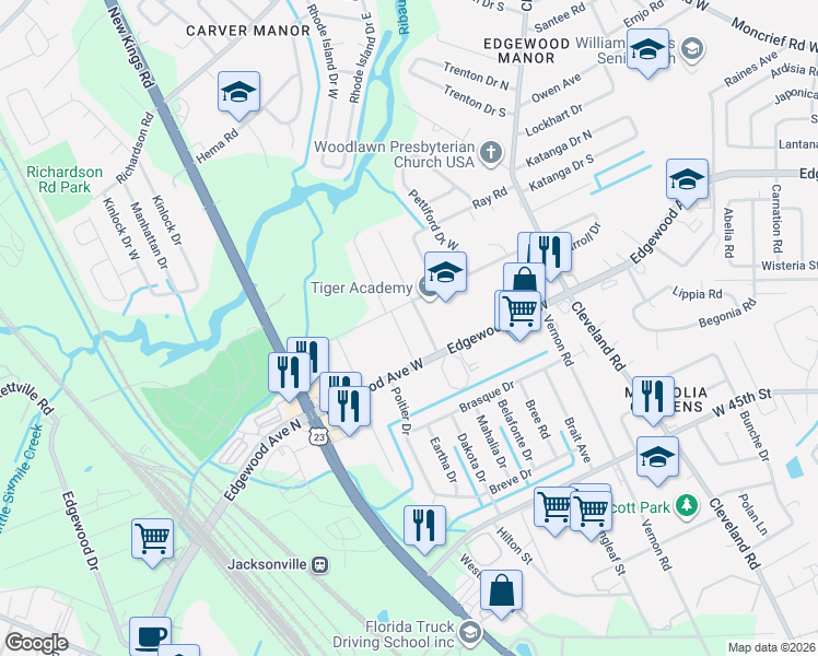map of restaurants, bars, coffee shops, grocery stores, and more near 6026 Bagley Road in Jacksonville