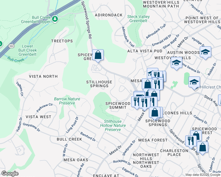 map of restaurants, bars, coffee shops, grocery stores, and more near 4411 Spicewood Springs Road in Austin