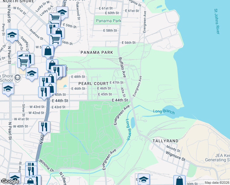 map of restaurants, bars, coffee shops, grocery stores, and more near 475 East 45th Street in Jacksonville