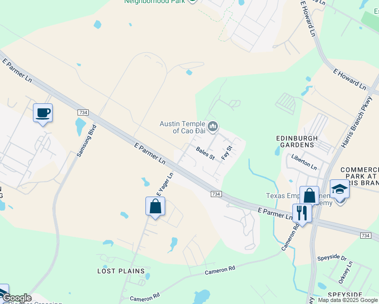 map of restaurants, bars, coffee shops, grocery stores, and more near 12201 Hulsey Road in Manor