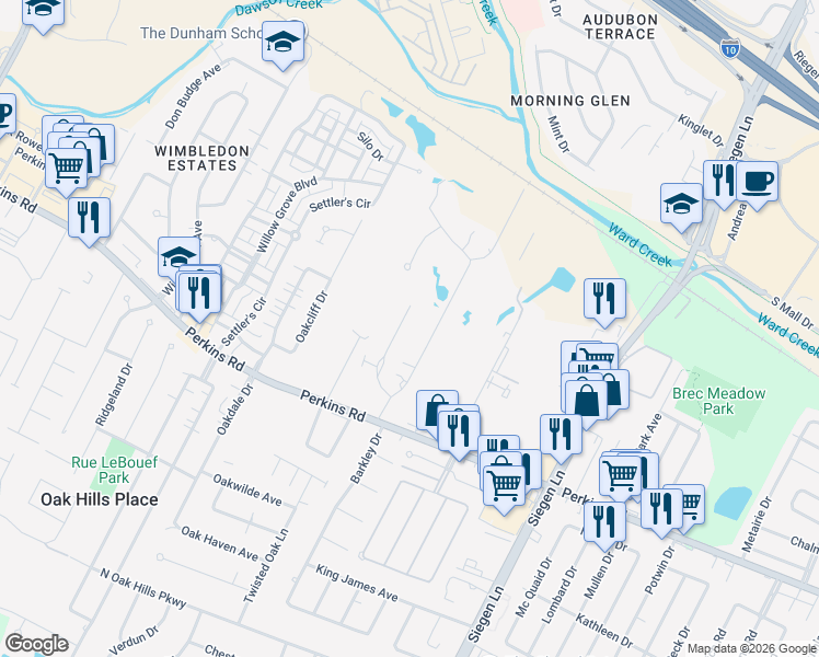 map of restaurants, bars, coffee shops, grocery stores, and more near 8138 Oakbrook Drive in Baton Rouge