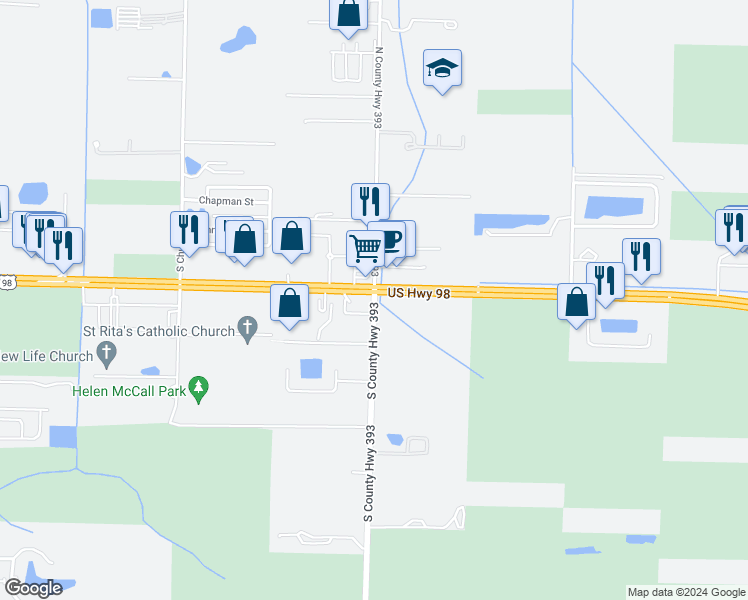 map of restaurants, bars, coffee shops, grocery stores, and more near 30 South County Highway 393 in Walton