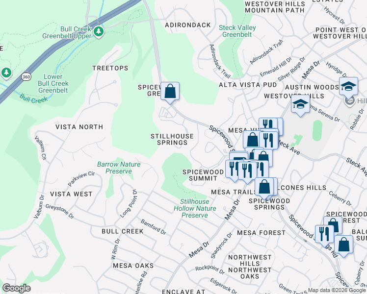 map of restaurants, bars, coffee shops, grocery stores, and more near 4411 Spicewood Springs Rd in Austin