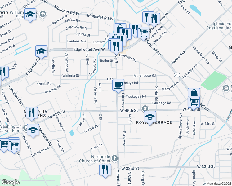 map of restaurants, bars, coffee shops, grocery stores, and more near 5582 Avenue B in Jacksonville