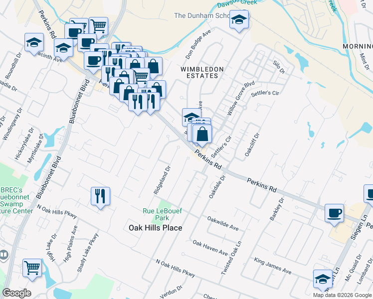 map of restaurants, bars, coffee shops, grocery stores, and more near 1827 Plantation Oak Drive in Baton Rouge