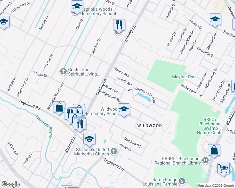 map of restaurants, bars, coffee shops, grocery stores, and more near 9135 Highpoint Road in Baton Rouge