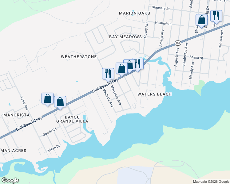 map of restaurants, bars, coffee shops, grocery stores, and more near 204 Waycross Avenue in Pensacola