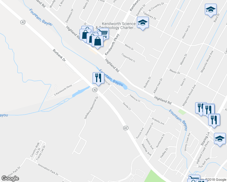 map of restaurants, bars, coffee shops, grocery stores, and more near 7916 Seville Court in Baton Rouge