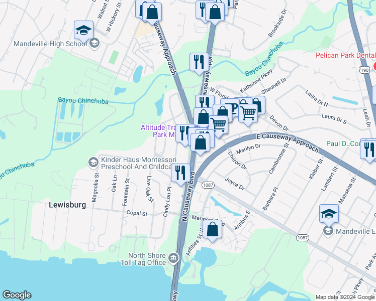 map of restaurants, bars, coffee shops, grocery stores, and more near 320 North Causeway Boulevard in Mandeville