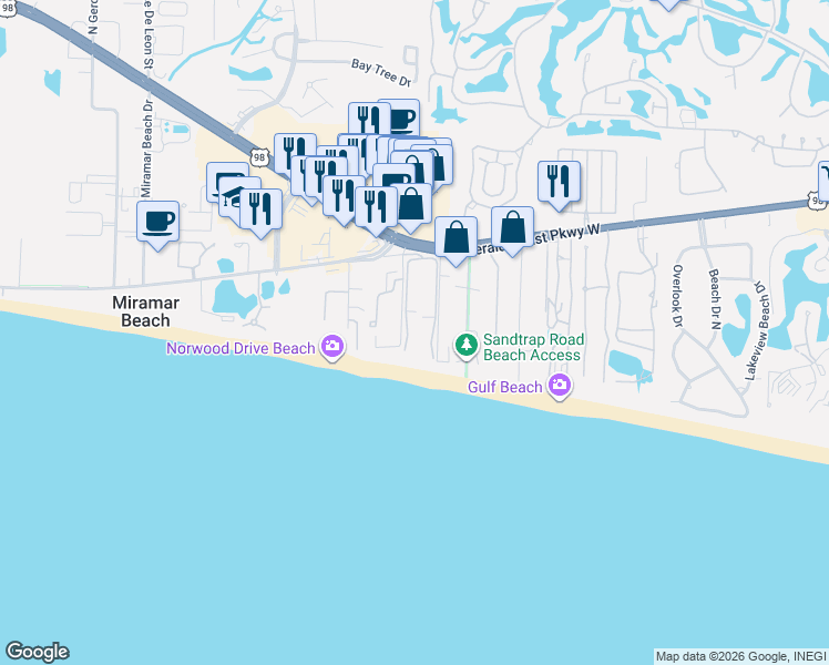 map of restaurants, bars, coffee shops, grocery stores, and more near 114 Main Sail Drive in Miramar Beach