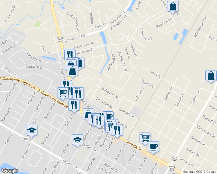 map of restaurants, bars, coffee shops, grocery stores, and more near 147 Richland Drive South in Mandeville