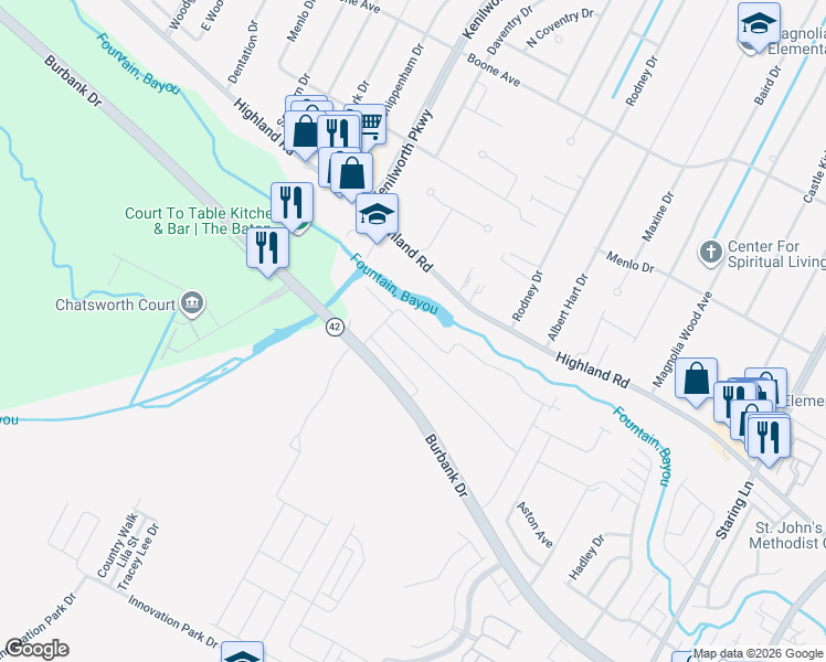map of restaurants, bars, coffee shops, grocery stores, and more near 7957 Valencia Court in Baton Rouge