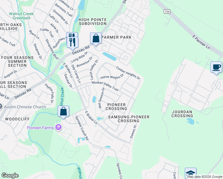 map of restaurants, bars, coffee shops, grocery stores, and more near 1920 Dry Season Trail in Austin