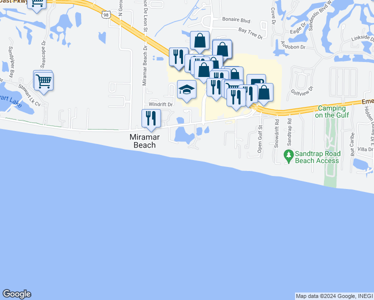 map of restaurants, bars, coffee shops, grocery stores, and more near 31 Starboard Court in Miramar Beach