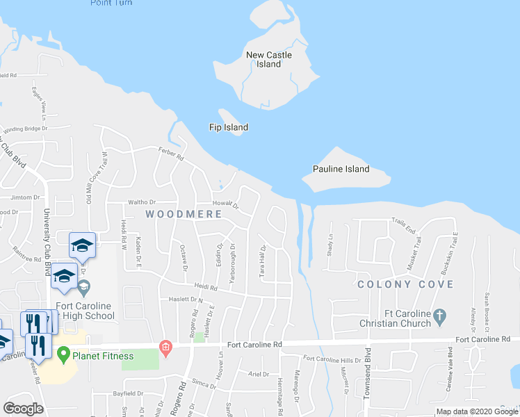 map of restaurants, bars, coffee shops, grocery stores, and more near 4070 River Valley Road West in Jacksonville