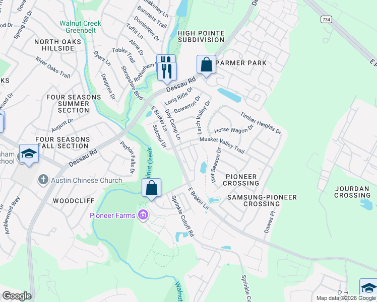 map of restaurants, bars, coffee shops, grocery stores, and more near 1801 Roseburg Drive in Austin