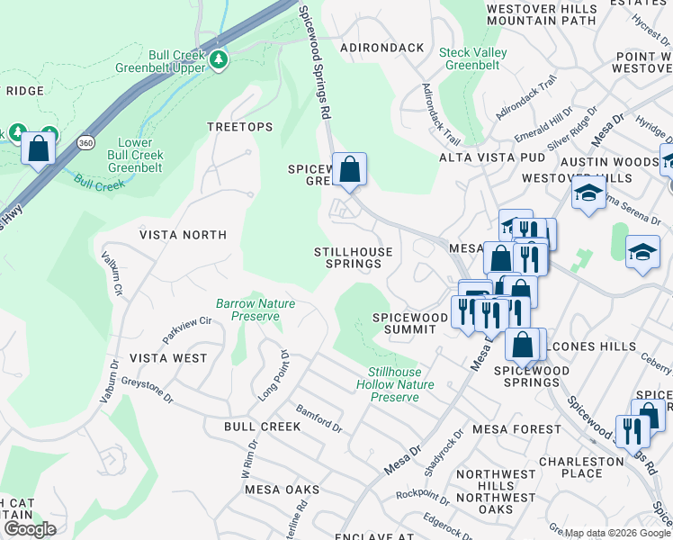 map of restaurants, bars, coffee shops, grocery stores, and more near 7804 W Rim Dr in Austin